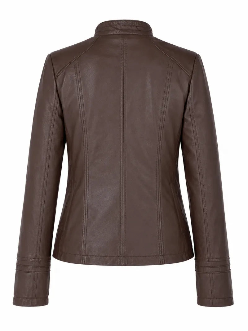 Women's Chocolate Brown Pleated Design Leather Jacket Back 