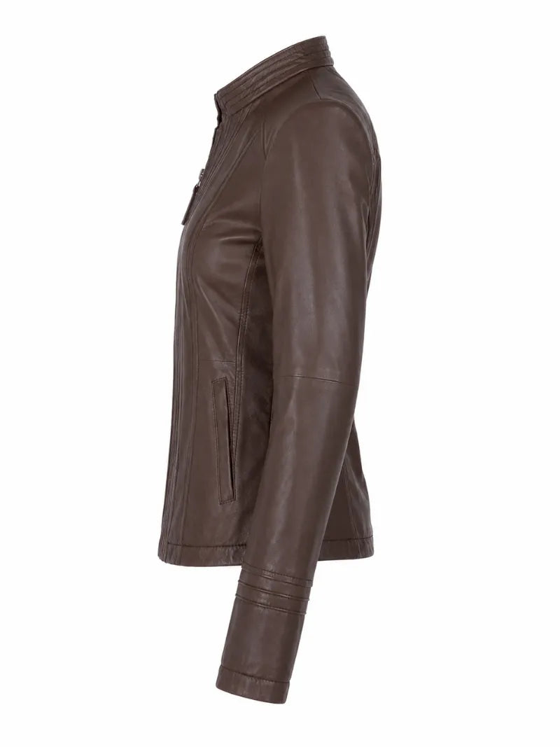Women's Chocolate Brown Pleated Design Leather Jacket Left 