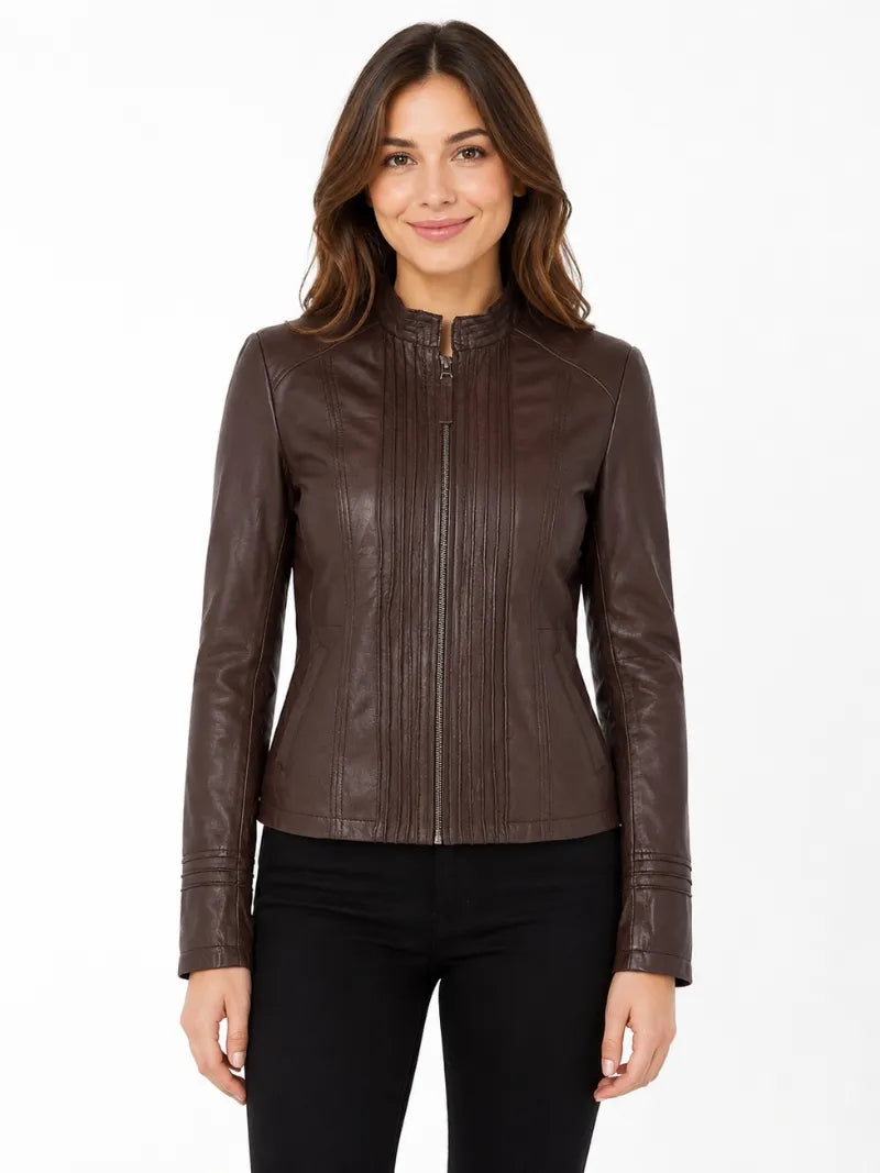 Women's Chocolate Brown Pleated Design Leather Jacket Full