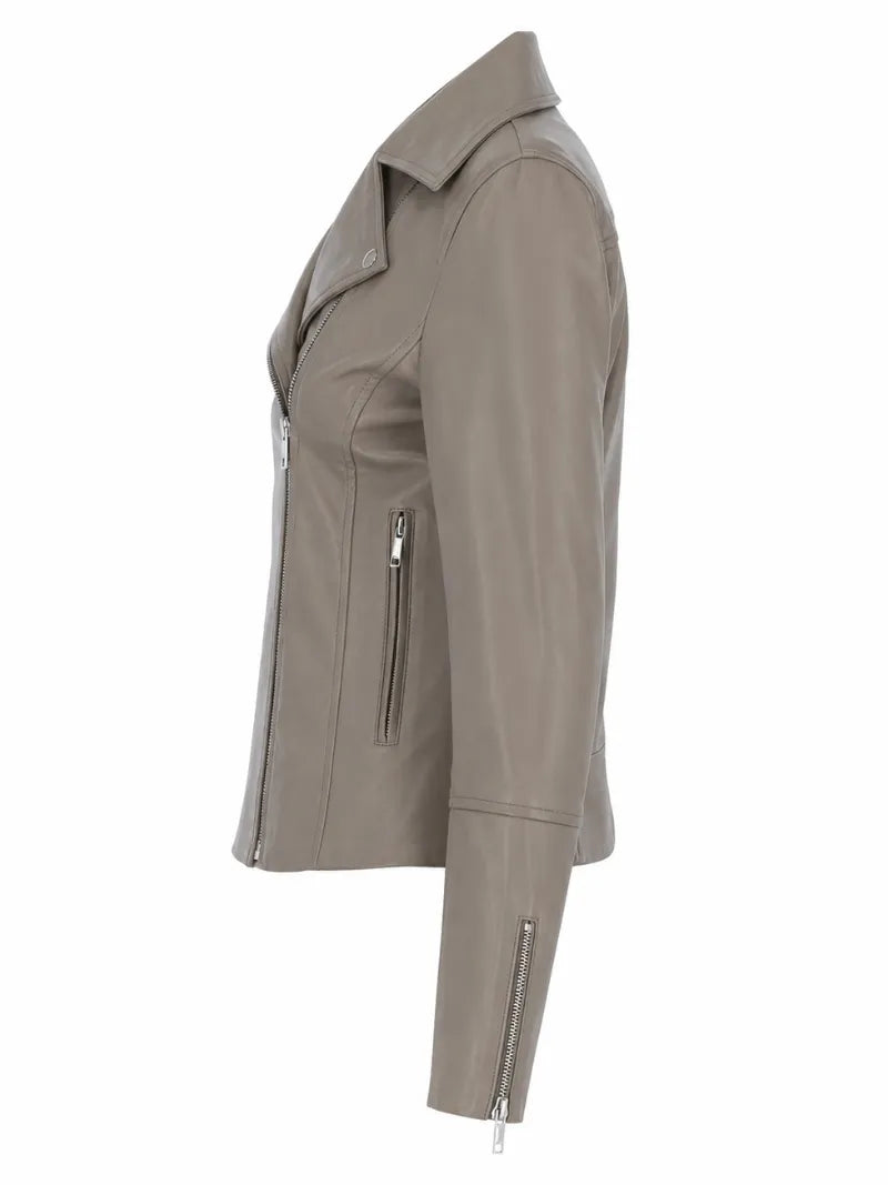 Women's Classic Biscuit Leather Jacket, collar detail