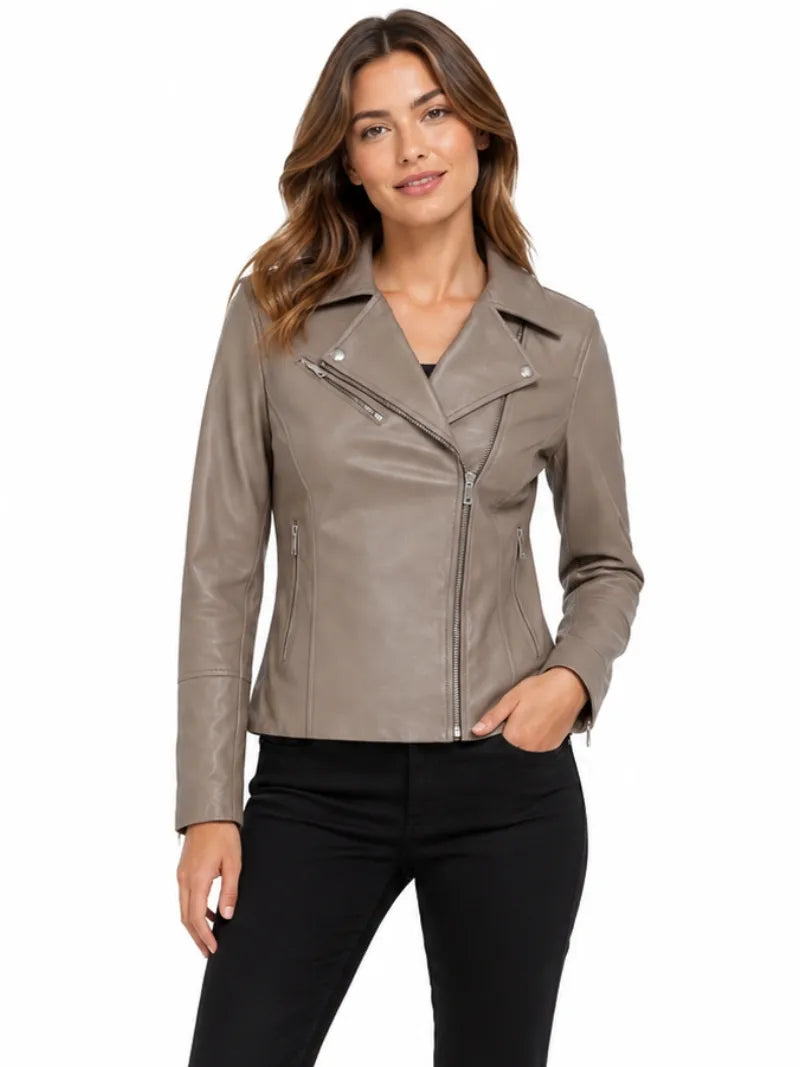Women's Classic Biscuit Leather Jacket, closure detail