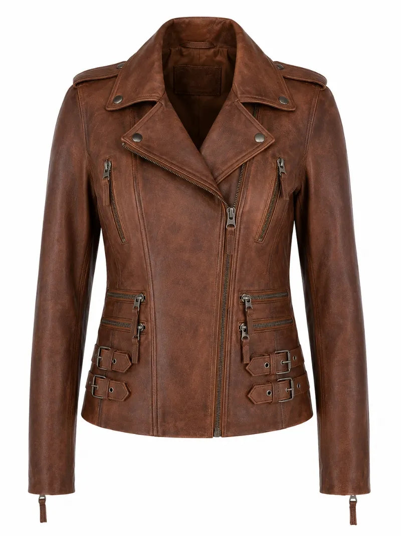 Women's Classic Brown Leather Jacket, front view