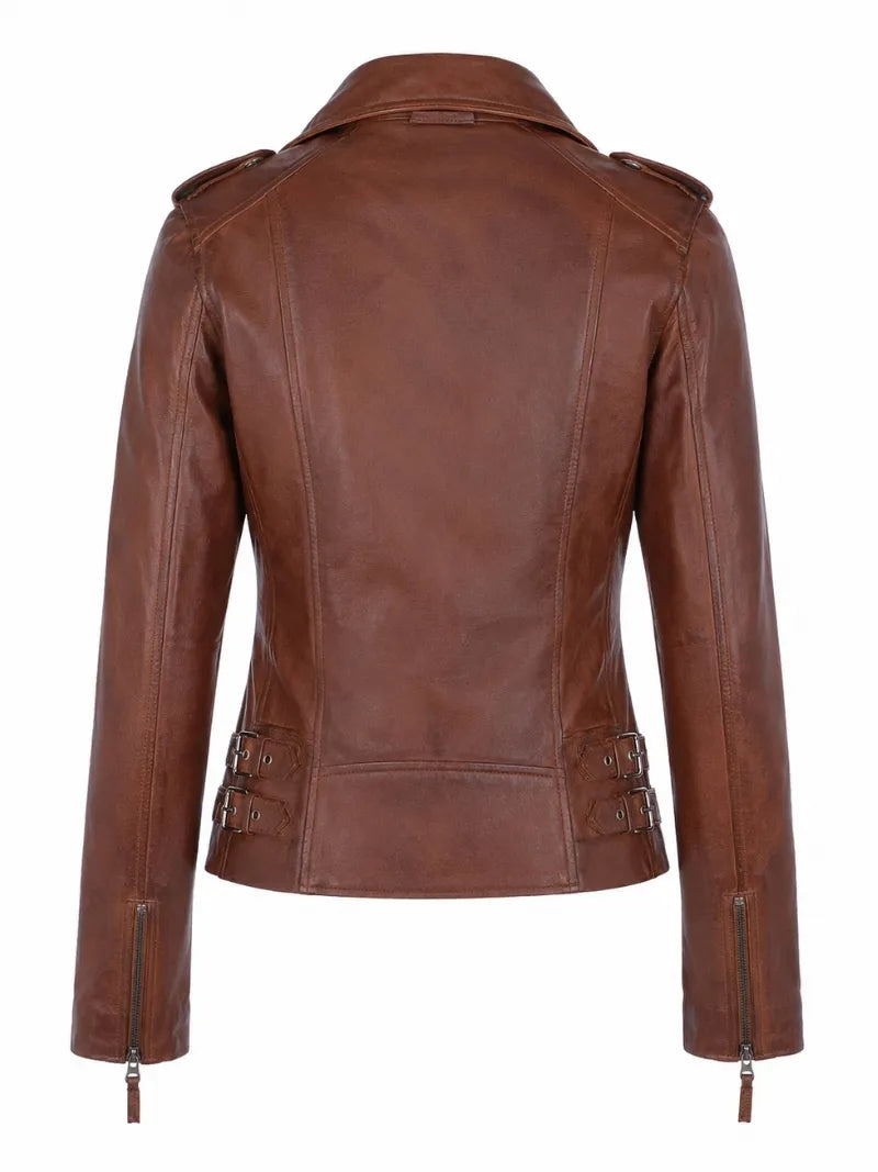 Women's Classic Brown Leather Jacket, back view