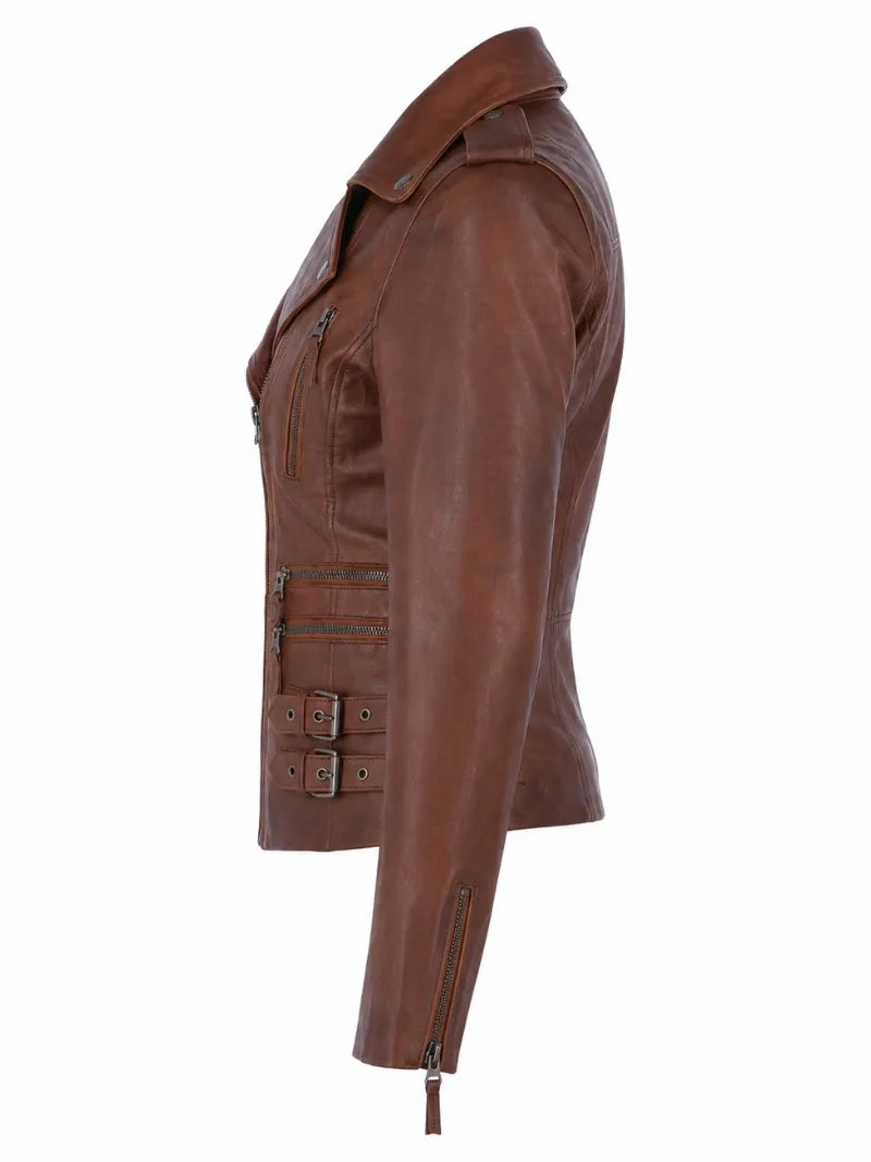 Women's Classic Brown Leather Jacket, collar detail