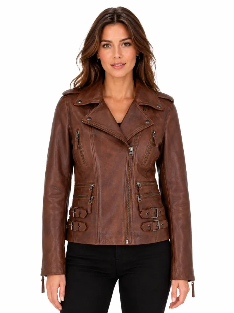 Women's Classic Brown Leather Jacket, closure detail