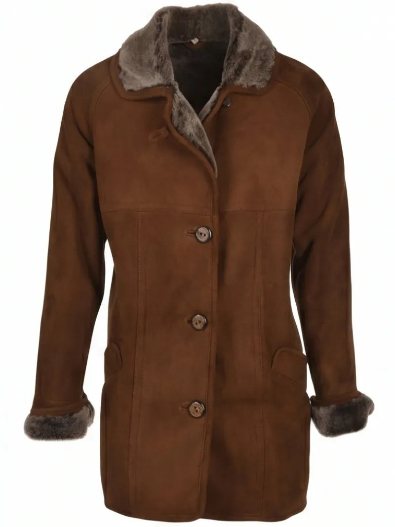 Women's Classic Brown Shearling Winter Coat Front 