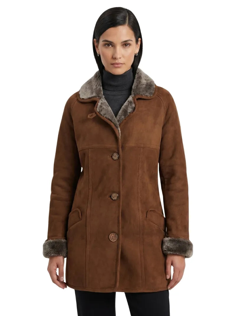 Women's Classic Brown Shearling Winter Coat Full