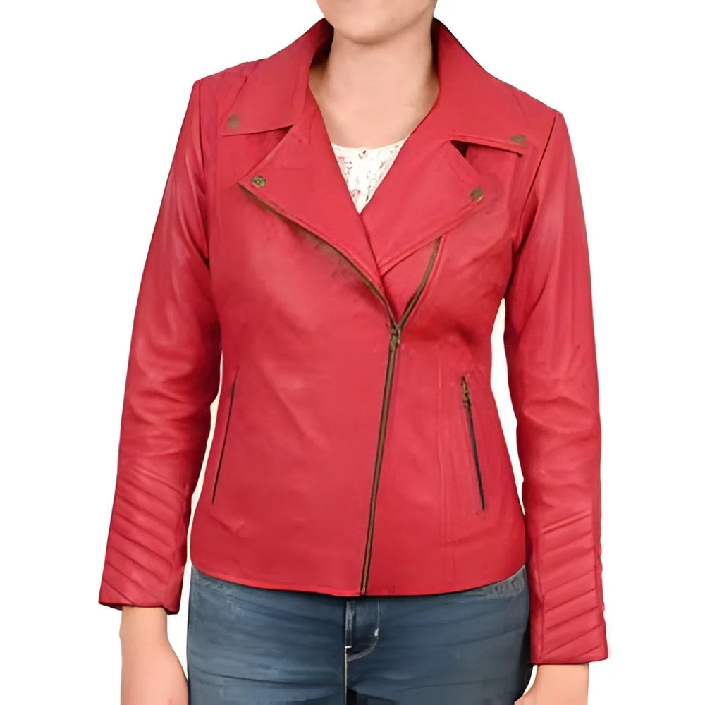 Women’s Classic Red Leather Jacket with Asymmetrical Zipper
