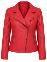 Women’s Classic Red Leather Jacket with Asymmetrical Zipper