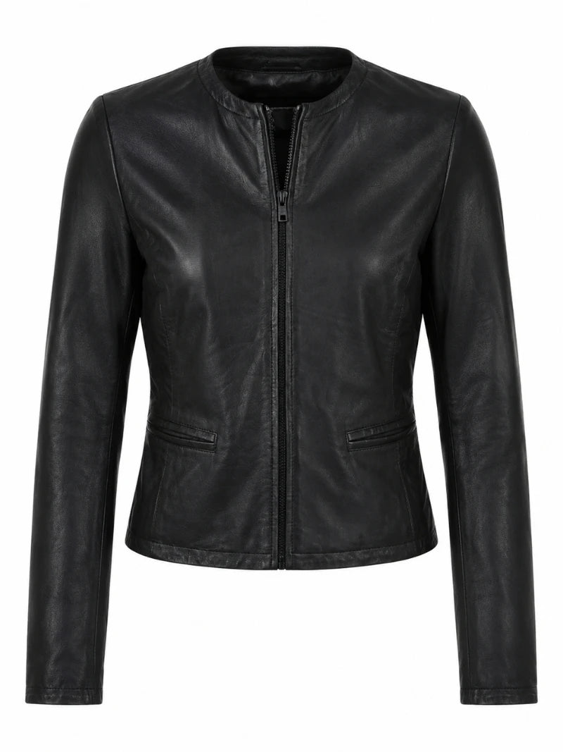 Women's Classic Slim Fit Black Leather Jacket Front 