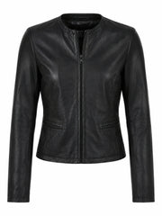 Women's Classic Slim Fit Black Leather Jacket Front 