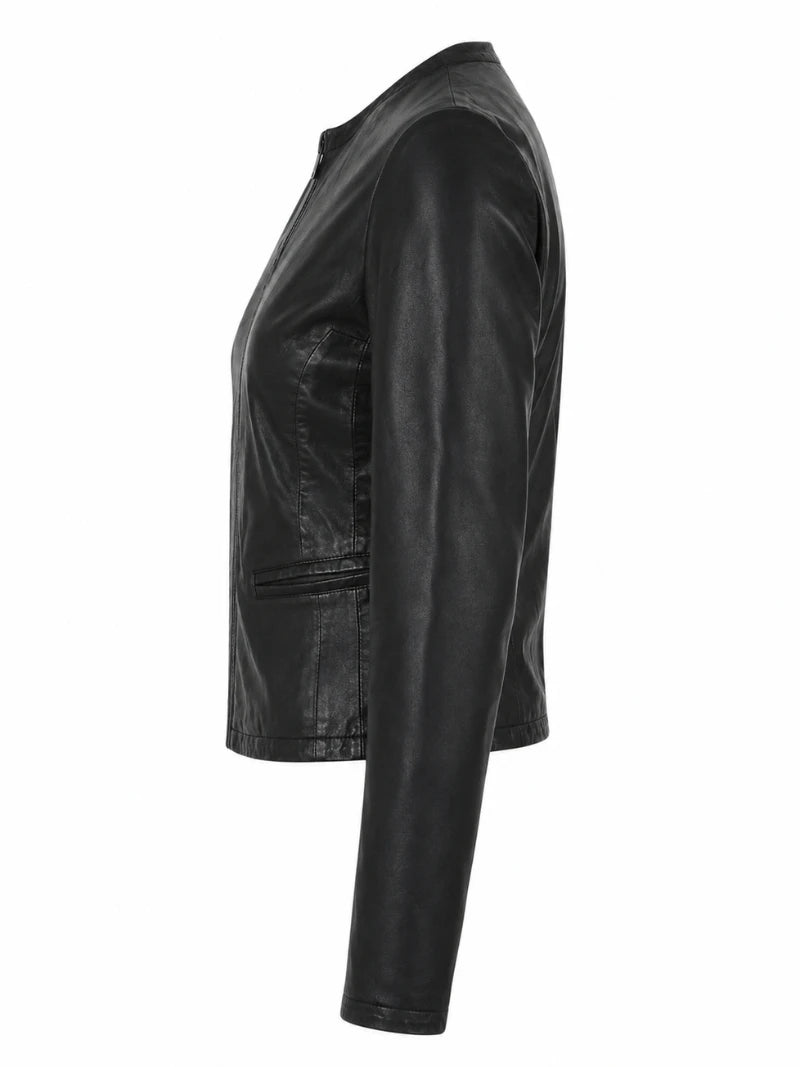 Women's Classic Slim Fit Black Leather Jacket Left