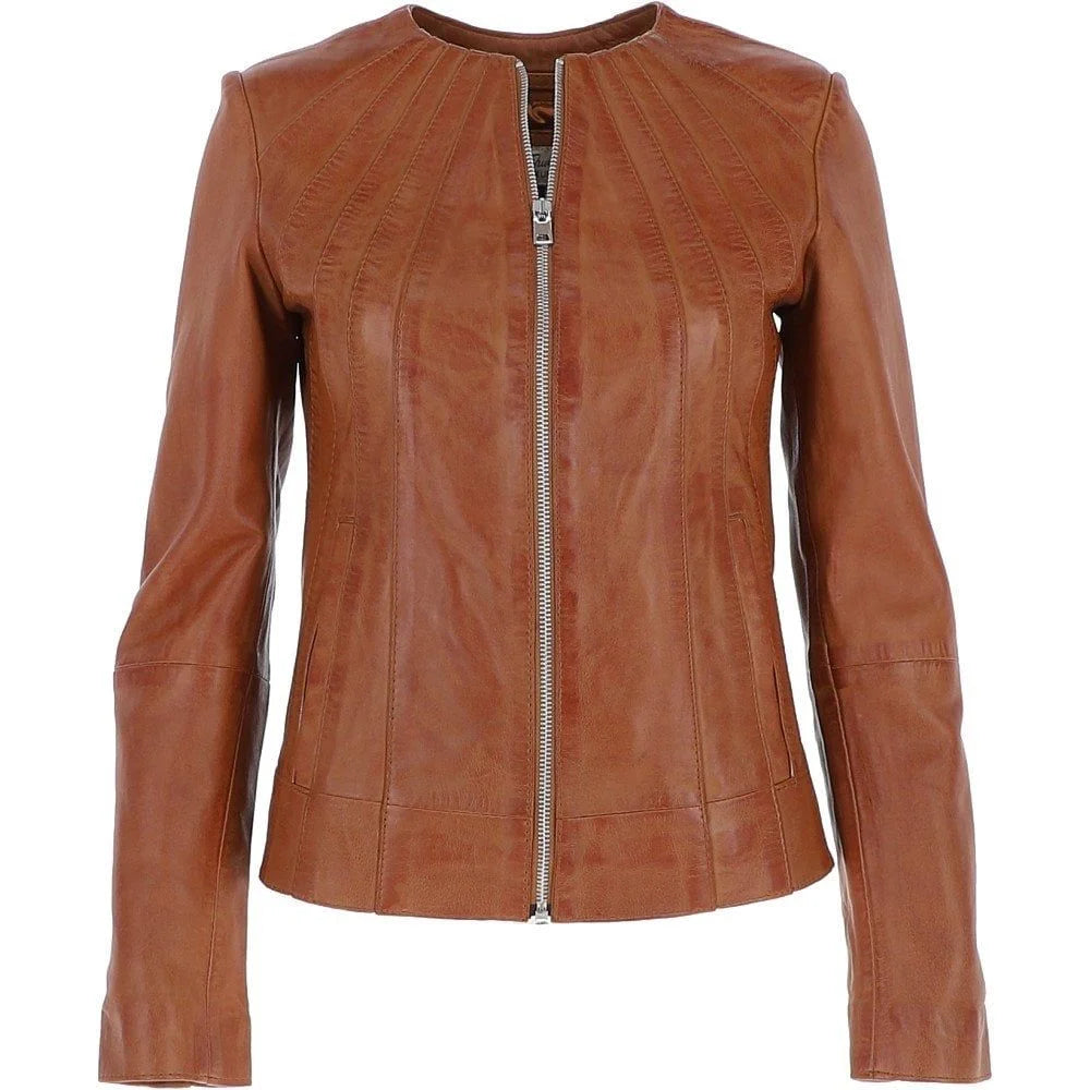 Women's Classic Tan Leather Zip-Up Jacket
