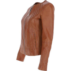 Women's Classic Tan Leather Zip-Up Jacket