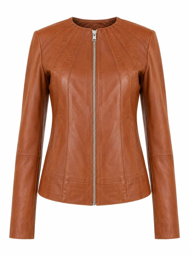 Women's Classic Tan Leather Zip-Up Jacket Front 