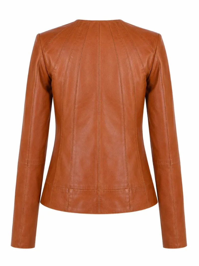 Women's Classic Tan Leather Zip-Up Jacket Back 