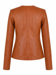 Women's Classic Tan Leather Zip-Up Jacket Back 