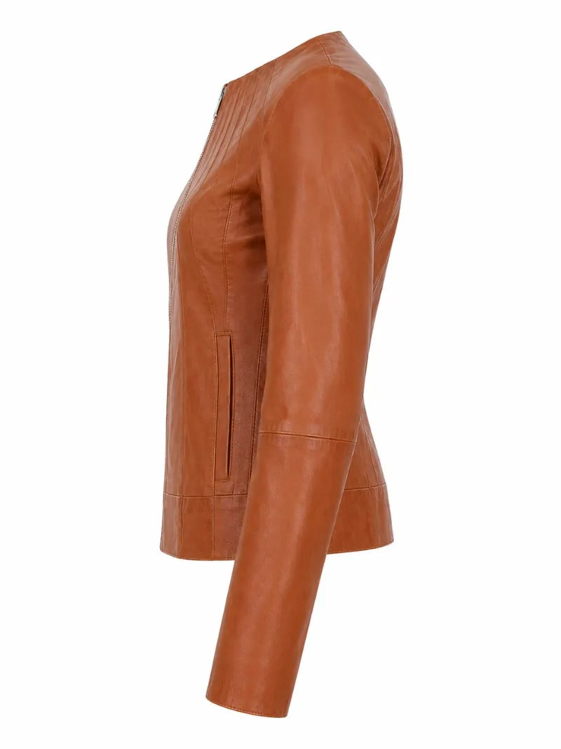 Women's Classic Tan Leather Zip-Up Jacket Left 