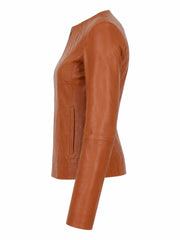 Women's Classic Tan Leather Zip-Up Jacket Left 