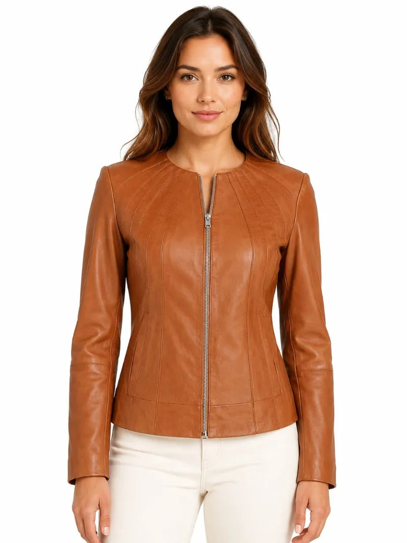 Women's Classic Tan Leather Zip-Up Jacket Full