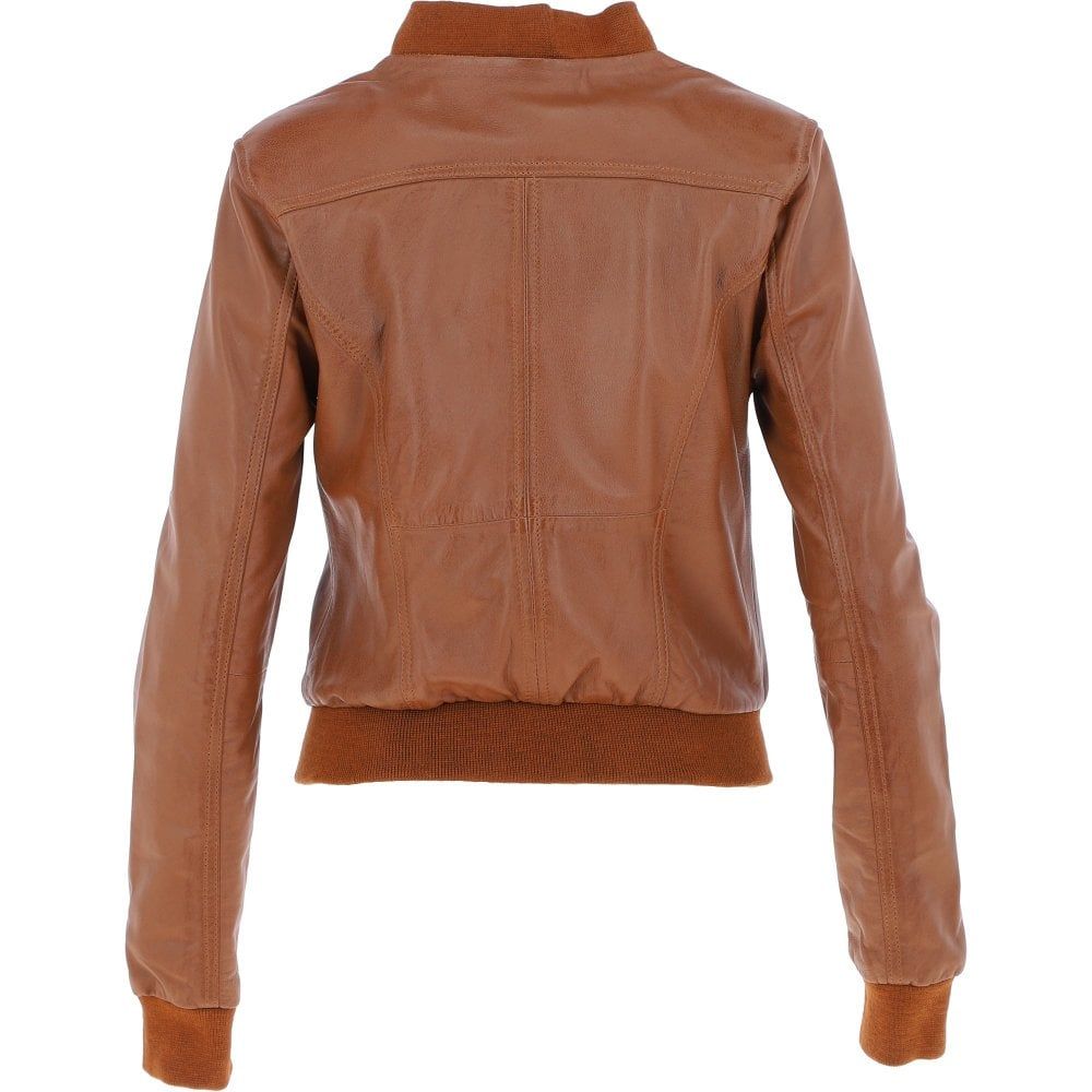 Women's Cognac Brown Leather Bomber Jacket