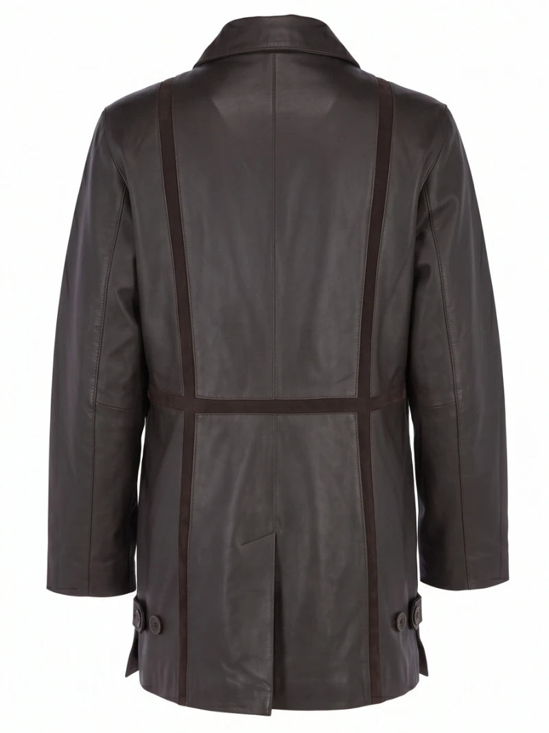 Women's Dark Brown Long Leather Coat Back 