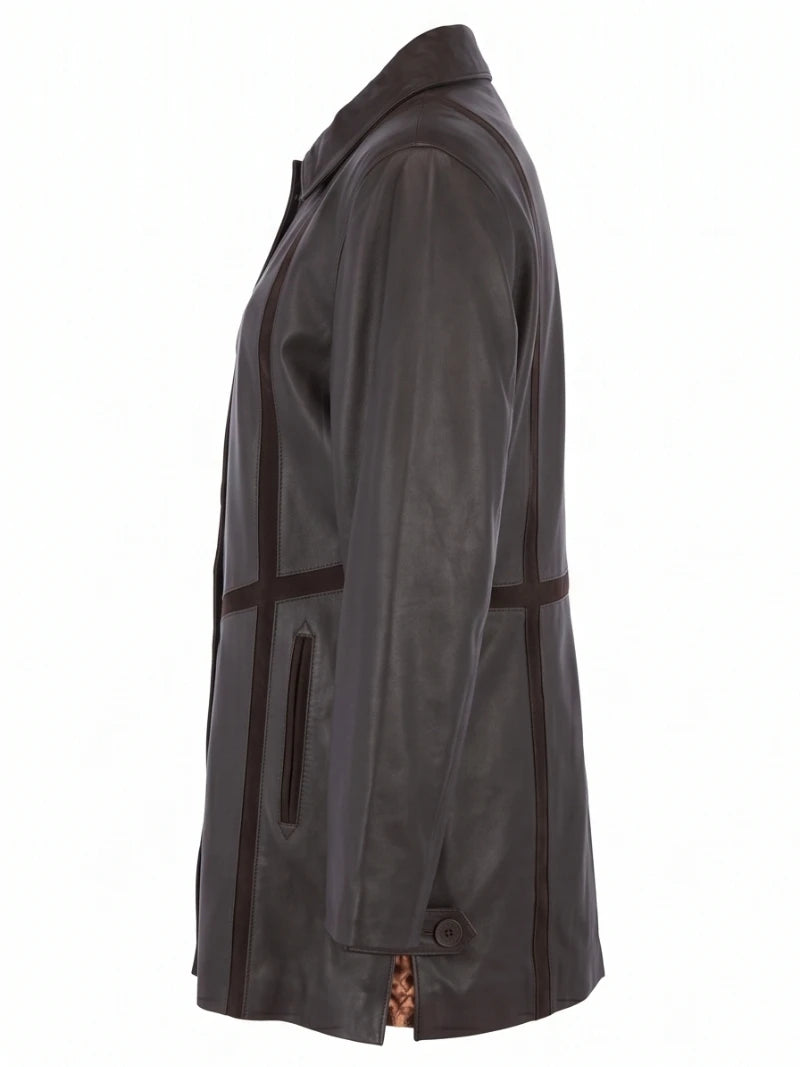Women's Dark Brown Long Leather Coat Left
