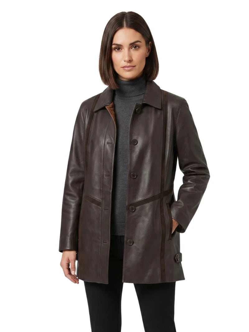 Women's Dark Brown Long Leather Coat Full
