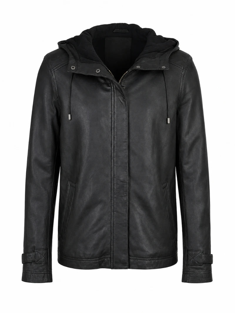 Women's Detachable Hooded Black Leather Jacket Front 