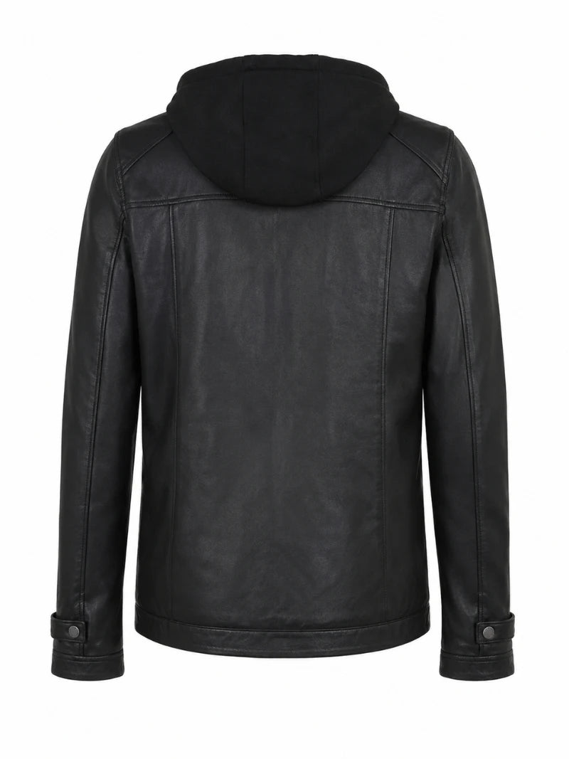 Women's Detachable Hooded Black Leather Jacket Back 