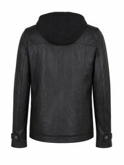 Women's Detachable Hooded Black Leather Jacket Back 