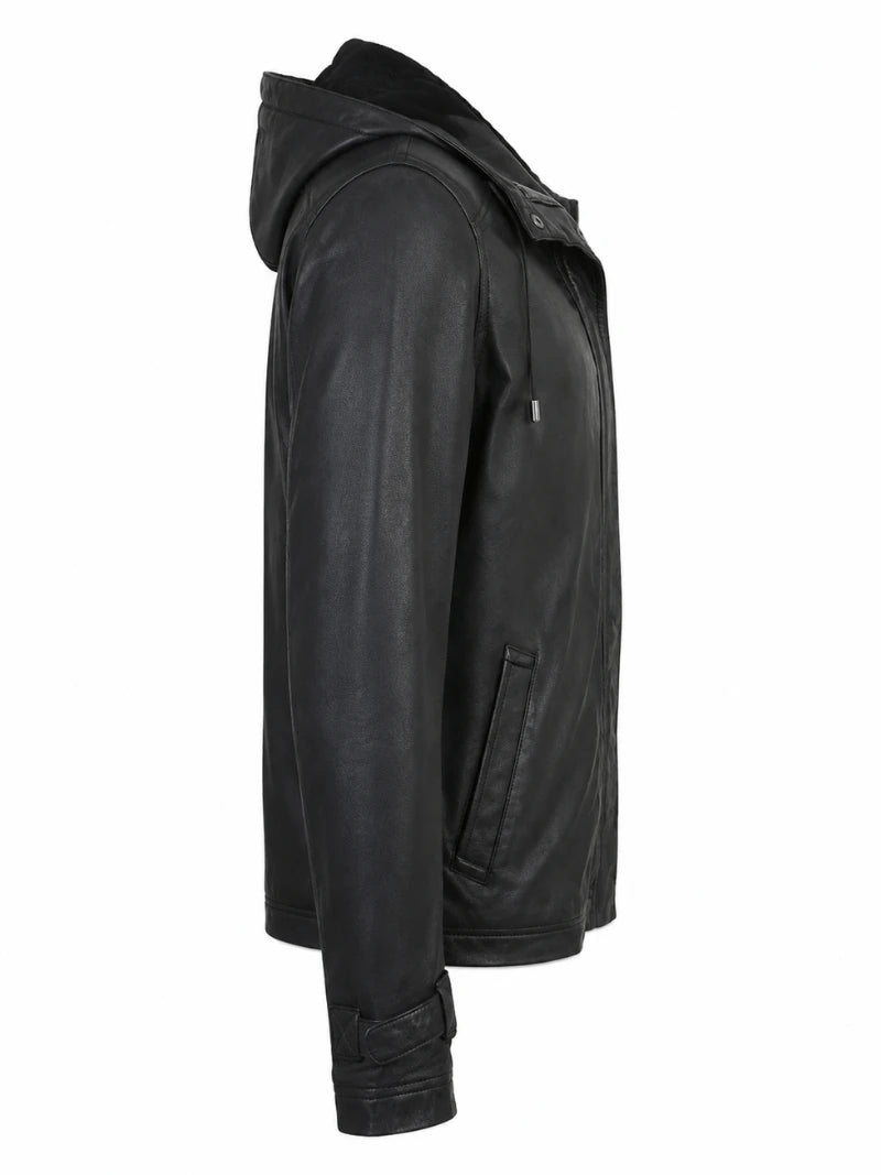 Women's Detachable Hooded Black Leather Jacket Right 