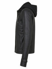 Women's Detachable Hooded Black Leather Jacket Left 