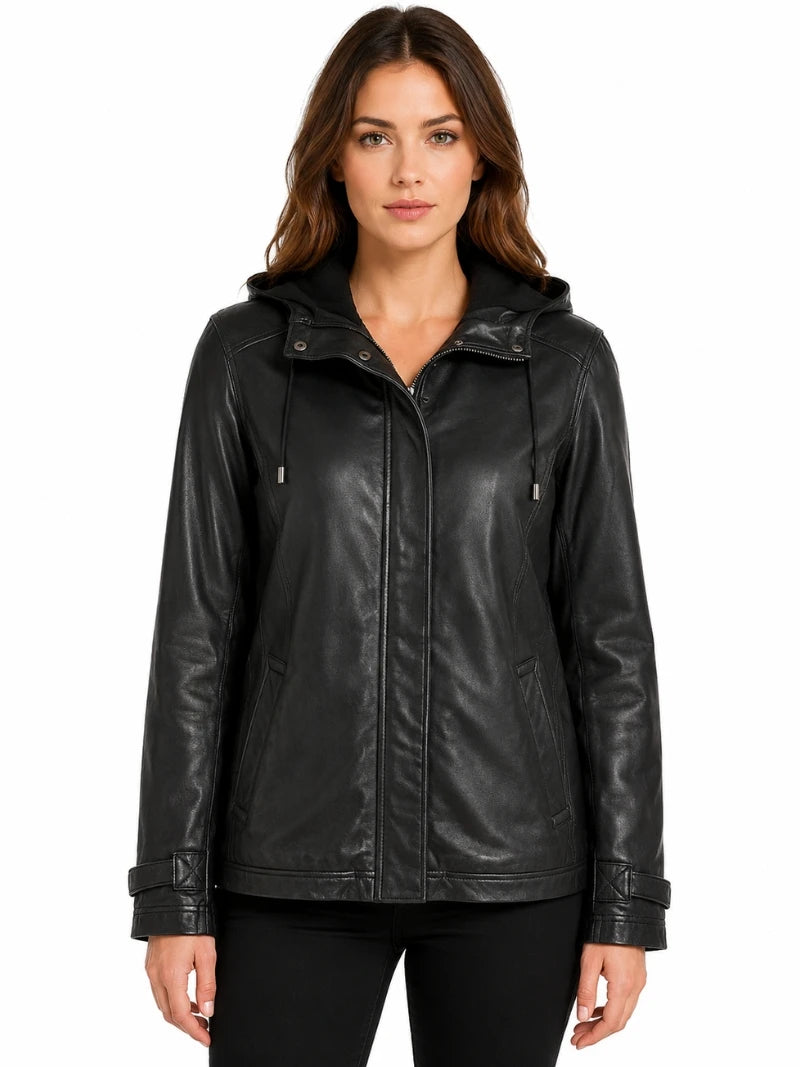 Women's Detachable Hooded Black Leather Jacket Full