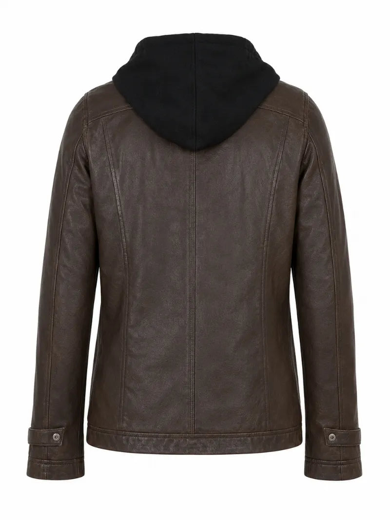 Women's Detachable Hooded Brown Leather Jacket Back 