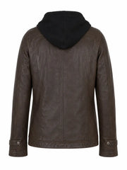 Women's Detachable Hooded Brown Leather Jacket Back 