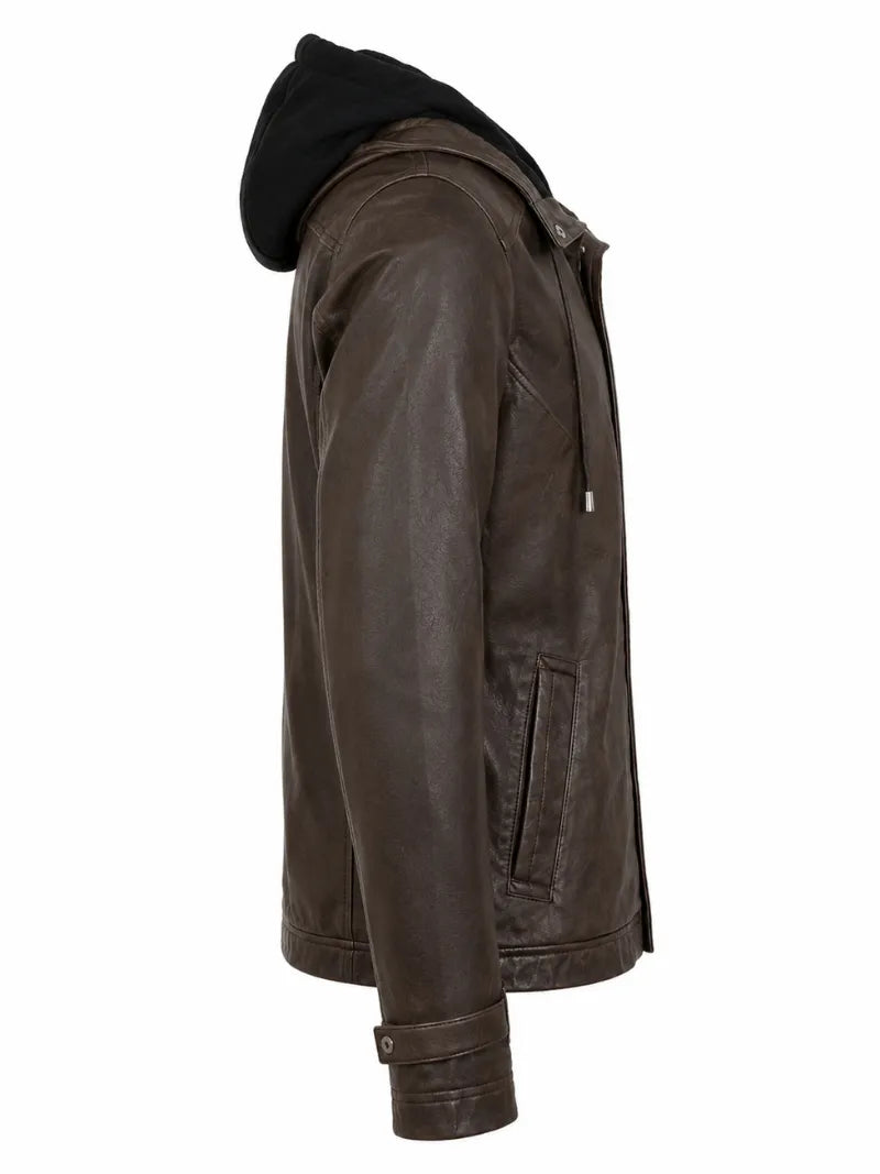 Women's Detachable Hooded Brown Leather Jacket Right 