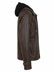 Women's Detachable Hooded Brown Leather Jacket Right 