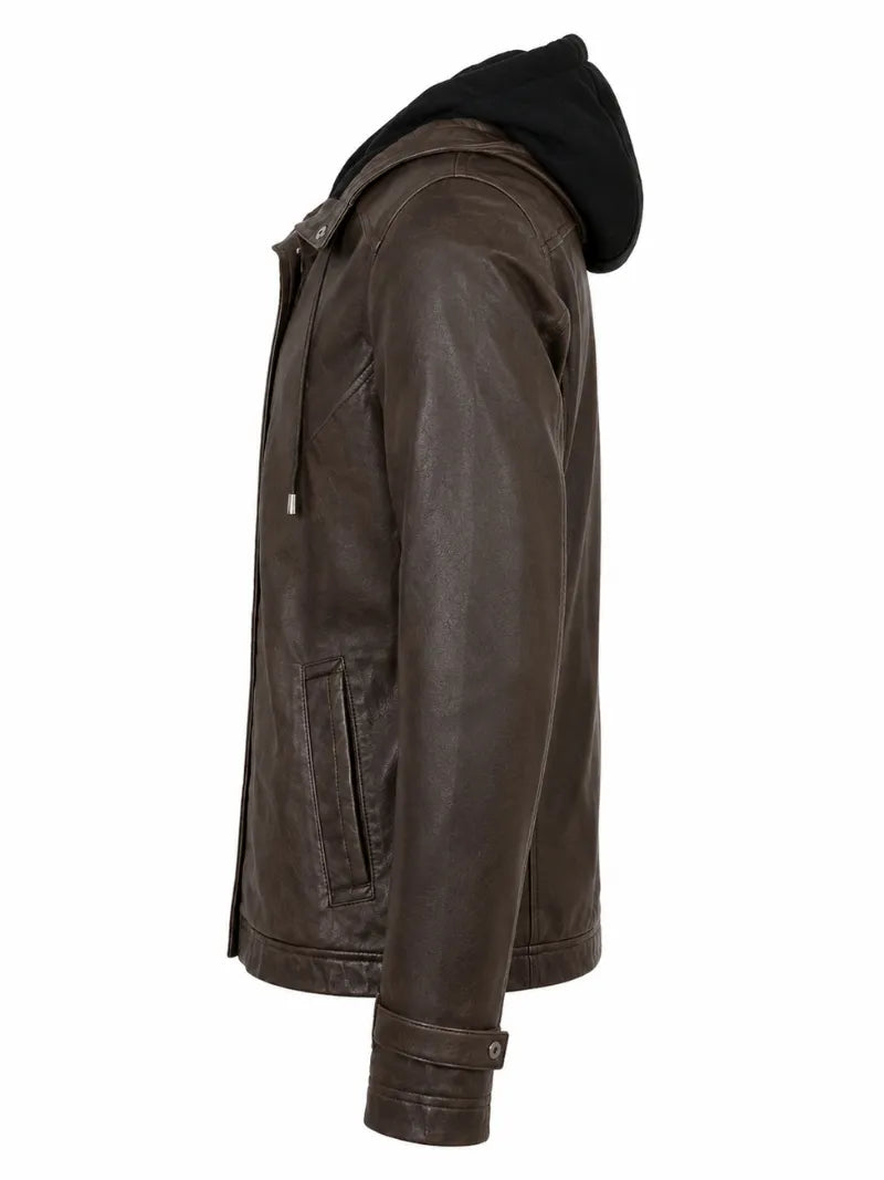 Women's Detachable Hooded Brown Leather Jacket Left 