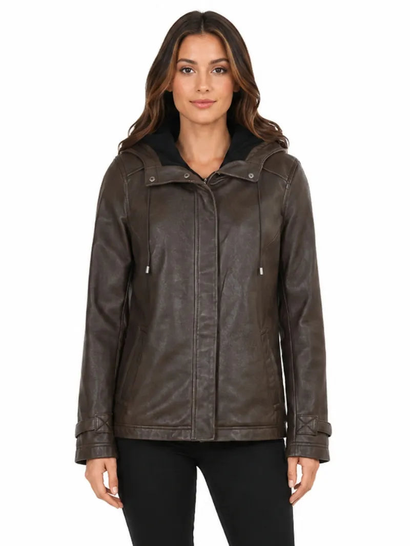Women's Detachable Hooded Brown Leather Jacket Full