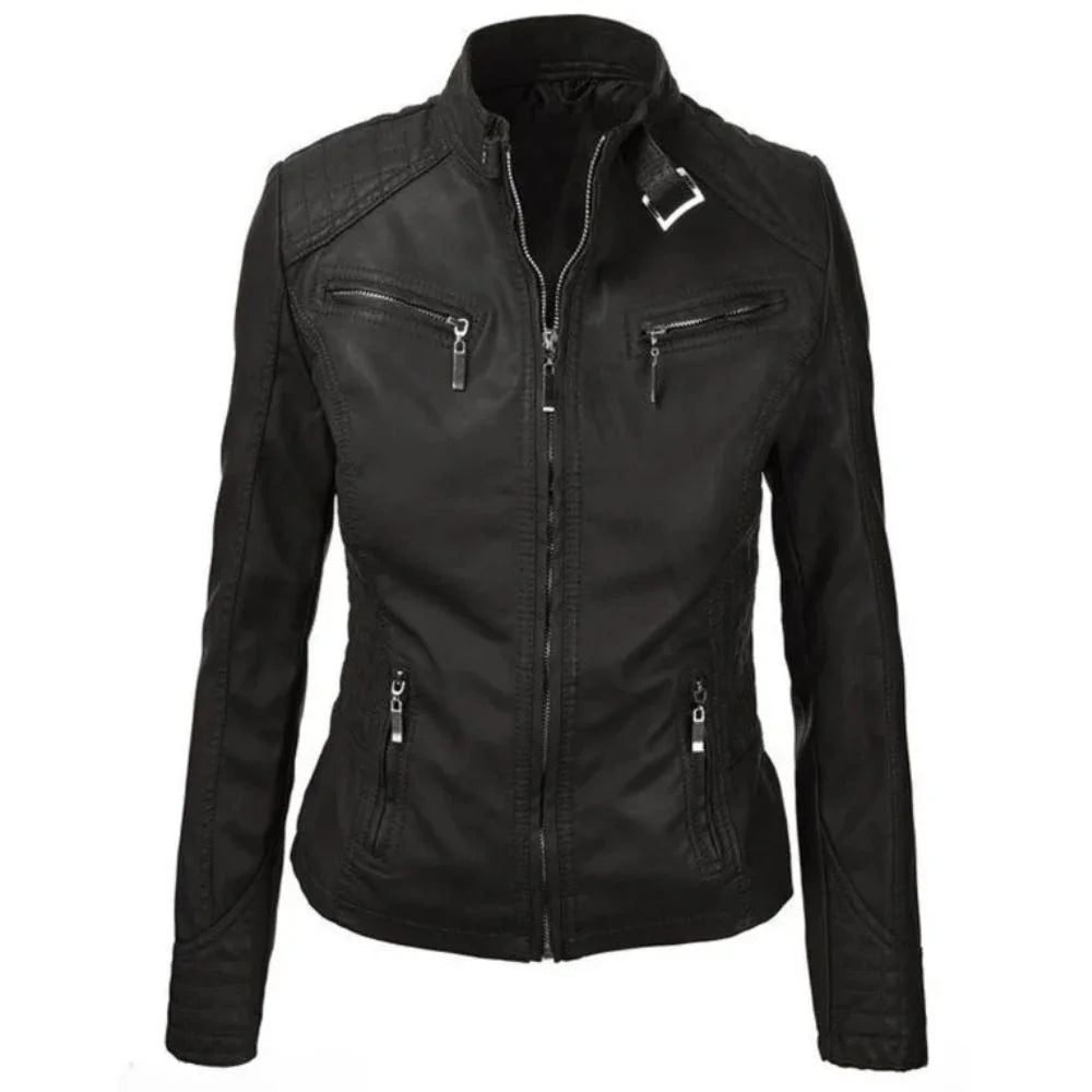 Women's Durable Black Buckle Detailed Leather Jacket