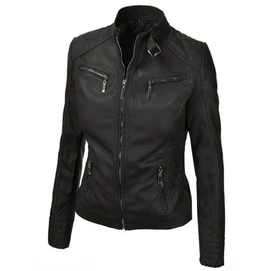Women's Durable Black Buckle Detailed Leather Jacket