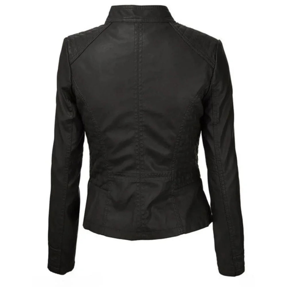 Women's Durable Black Buckle Detailed Leather Jacket