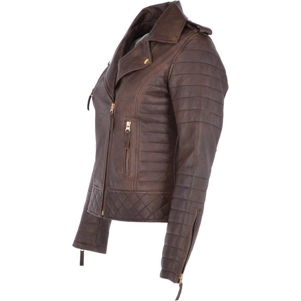 Women's Golden Accents Quilted Brown Leather Jacket
