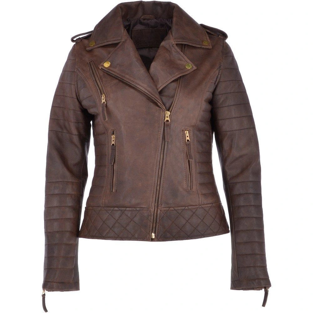 Women's Golden Accents Quilted Brown Leather Jacket