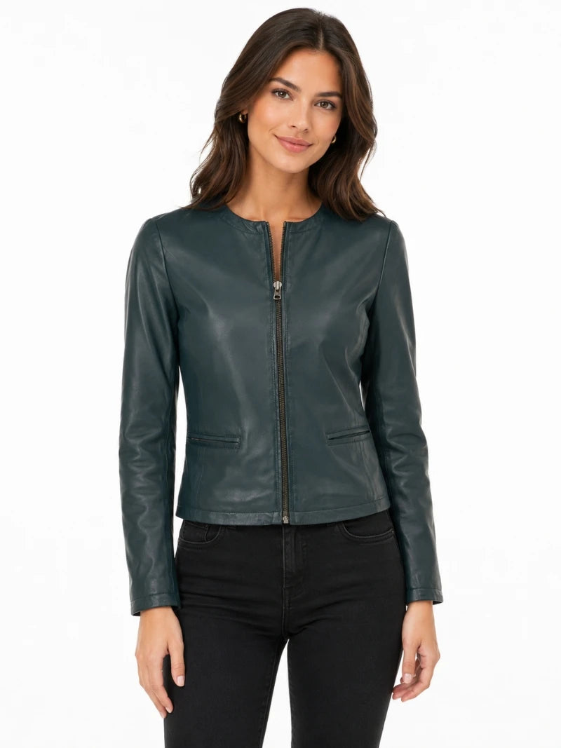 Women's Green Leather Jacket Full