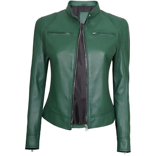 Women's Green Leather Slim-Fit Jacket