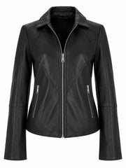 Women's Lapel Collar Black Leather Jacket Front 