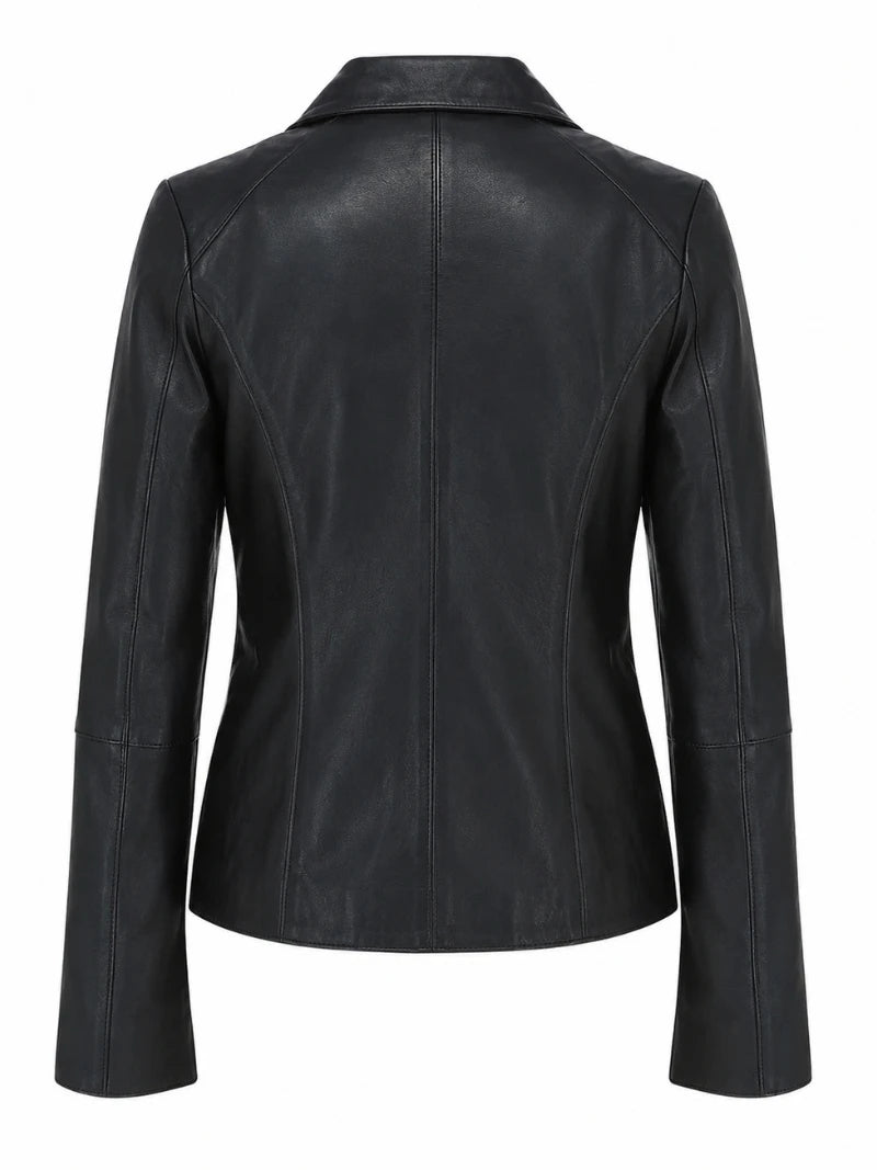 Women's Lapel Collar Black Leather Jacket Back 