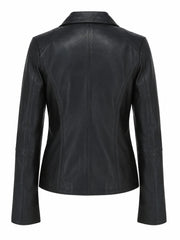 Women's Lapel Collar Black Leather Jacket Back 